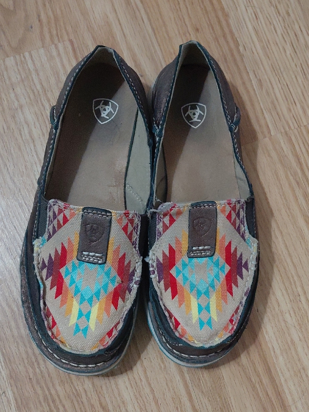 Ariat Women's Tan Canvas Moccasins with Teal, Red & Orange Aztec Pattern